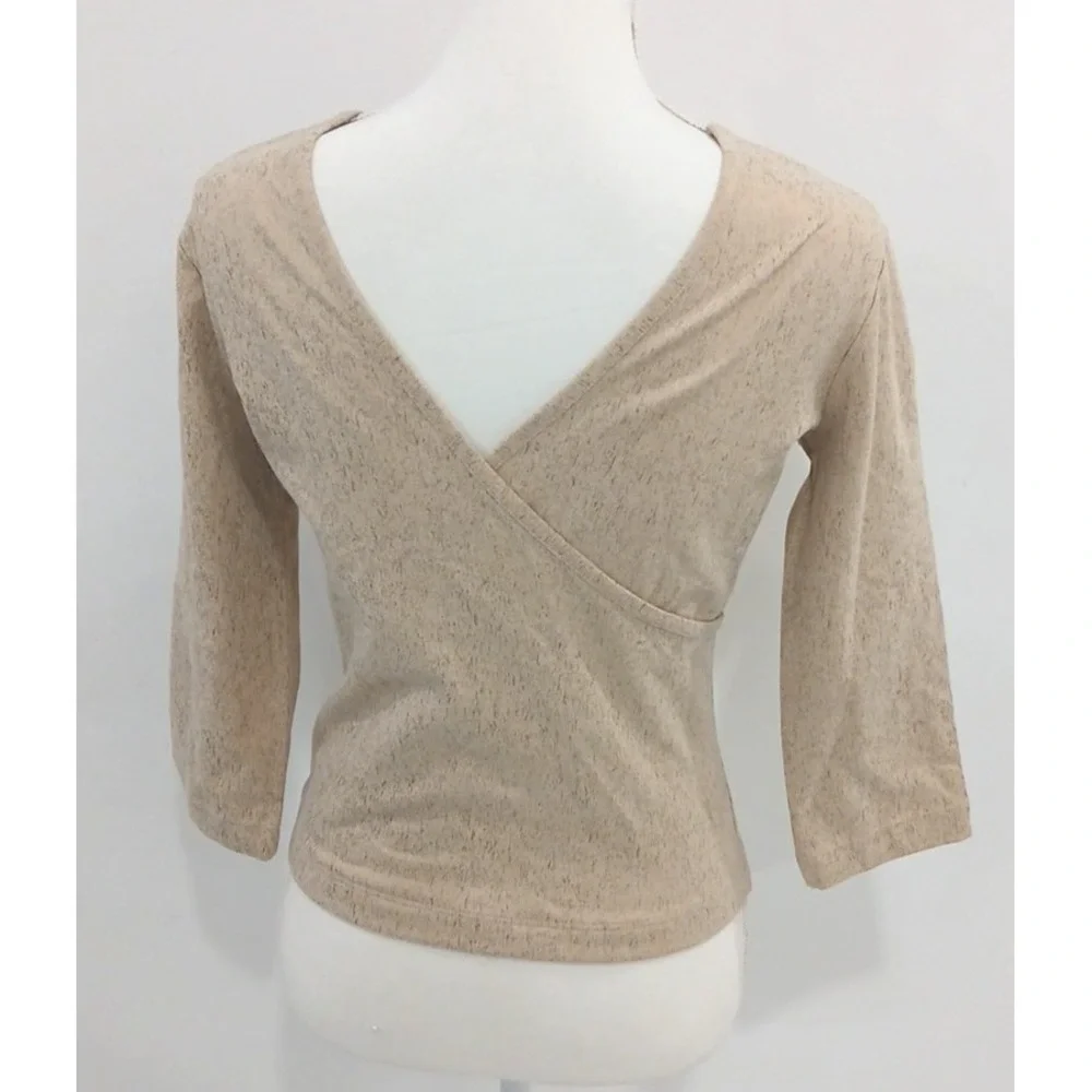 Soft Surroundings Tan Beige‎ Textured Wrap V-Neck 3/4 Sleeve Top Medium